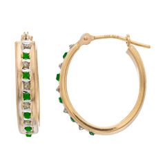 Diamond accents and emerald gemstones add the perfect sparkling touch to these remarkable Diamond Fascination 14k gold hoop earrings. Click on this JEWELRY & WATCHES GUIDE to learn about fit, styles, materials and more! Diamond accents and emerald gemstones add the perfect sparkling touch to these remarkable Diamond Fascination 14k gold hoop earrings. Click on this JEWELRY & WATCHES GUIDE to learn about fit, styles, materials and more! FEATURES Size: 14 mm x 12 mm Total weight: 1.14 grams Backin Green 14k Gold Hoop Earrings, Fine Jewelry Green Channel Set, Fine Jewelry With Channel Set Green Stones, Fine Green Jewelry With Channel Set, Green Channel Set Fine Jewelry, Elegant Green Hoop Earrings, Fine Jewelry Emerald Hoop Earrings In Green, Green Emerald Hoop Earrings In Fine Jewelry Style, Emerald Green Hoop Earrings Fine Jewelry