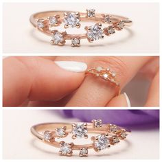 three different views of an open ring with diamonds on top and bottom, one in the middle