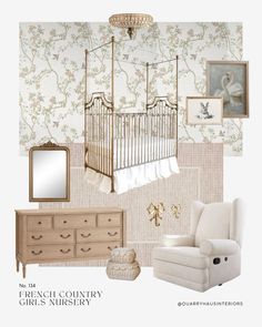 a baby's nursery room with floral wallpaper and furniture, including a crib