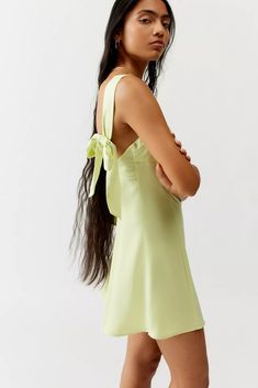 UO Bri Double Bow Satin Mini Dress | Urban Outfitters Yellow Mini Dress, Yellow Fits, Double Bow, Urban Dresses, Satin Mini Dress, Hoco Dresses, Dress Sleeveless, Dress With Bow, Fitted Bodice