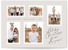 the holiday card features four photos of family members and their children, including an cactus