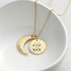 Show them how much you love them with our Personalised Moon & Back Necklace. Whether it's a gift for your husband or wife for your anniversary, for your mum on Mother's Day, or for your bestie on their birthday, this stunning necklace is sure to make them smile.  Choose a name of up to 12 characters to personalise it with and our team of specialist craftspeople will engrave it onto your necklace, making it a beautiful, personal gift that's sure to put a smile on their face and make them feel loved.  Chain length: 47cm  Pendant size: 2.1cm x 2.2cm x 0.1cm My Best Friend's Birthday, Your Mum, Engraved Pendant, 40th Gifts, Back Necklace, Necklace Making, Team Gifts, Stunning Necklace, Personalized Necklace