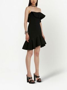 Alexander McQueen Strapless Ruffled Minidress - Farfetch Black Alexander Mcqueen, Black Off Shoulder, Tailored Dress, Asymmetrical Design, Dress Mini, Asymmetric Hem, Ruffle Dress, Denim Dress, Alexander Mcqueen