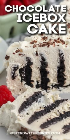 chocolate icebox cake on a plate with raspberries