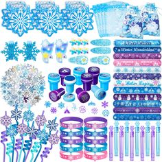 an assortment of winter wonderland items and decorations