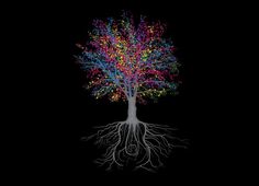 a tree with colorful leaves and roots on a black background