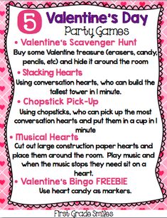 valentine's day party games for kids with pink hearts on the background and text