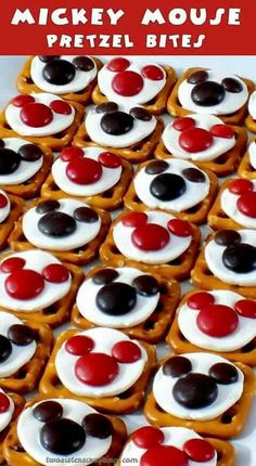 mickey mouse pretzel bites are arranged in the shape of hearts and cherries