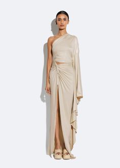 Coated Jersey One Shoulder Gown in Sand Tan Grecian Gown, One Shoulder Jumpsuit, All White Outfit, One Shoulder Gown, Color Crush, Feather Dress, White Summer, White Outfits, Hem Dress