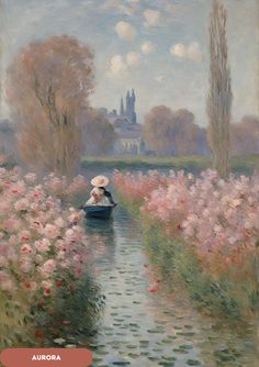 a painting of a woman in a boat on a river surrounded by trees and flowers