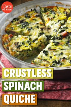 crustless spinach quiche recipe in a casserole dish with text overlay