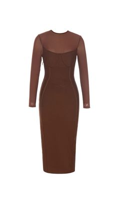 BROWN MESH STITCHED SEXY SKINNY MIDI DRESS Mesh Midi Dress Outfit, Good Fashion, Midi Dress Style, Modest Wear, Plus Size Shopping, Plus Size Kleidung, Satin Slip Dress, Mesh Design, Plus Dresses