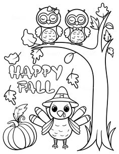 happy fall coloring page with an owl in the tree and pumpkins on the ground