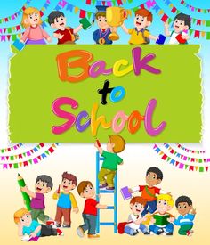 children are standing in front of a back to school sign