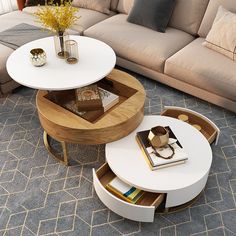 a living room filled with furniture and a coffee table on top of a carpeted floor