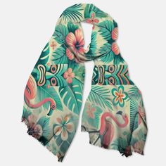 Kate McEnroe New York Tropical Flamingo Tiki Pashmina ScarfScarves & WrapsPMA48.629698 Bohemian Floral Print Shawl For Summer, Multicolor Shawl For Summer, Casual Beach Shawl For Summer, Casual Summer Beach Shawl, Trendy Printed Scarves For Summer, Casual Summer Shawl For Beach, Multicolor Beach Shawl, Multicolor Beach Shawl For Spring, Spring Beach Shawl In Multicolor