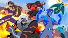 an animated group of superheros standing in front of a fire