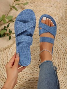 Cheap Blue Denim Sandals, Denim Slippers Pattern, Casual Blue Slip-on Footbed Sandals, Denim Slip-on Sandals For The Beach, Cheap Blue Non-slip Sport Sandals, Twisted Series, I Love Mom, Love Mom, Shoes Fashion