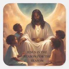 jesus is the reason for the season sticker with children sitting around him in white robes