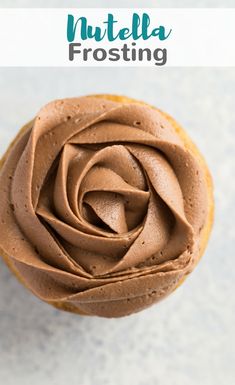 a chocolate frosted cupcake with the words nutella frosting on top and below it