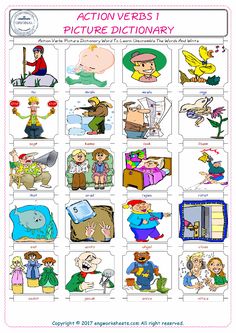 the action verbs poster is shown with pictures and words on it, including an image of