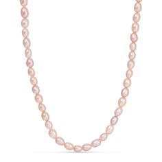 Customize the classic pearl necklace with your choice of peach, purple, or white genuine freshwater pearls for a subtle luster sure to brighten up any outfit. Naturally tinted, this necklace pairs great with dainty golden chains and pearl earrings to tie up your look. Oval Pearl Necklace With Pearl Charm, Rose Gold Single Strand Pearl Necklace, Classic Rose Gold Pearl Drop Necklace, Single Strand Oval Pearl Necklace For Gift, Pearl White Oval Necklace With Pearl Chain, Oval Single Strand Pearl Necklace As A Gift, Oval Pearl Necklaces, Oval Pearl White Necklace With Pearl Chain, Elegant Pink Pearl Drop Necklace