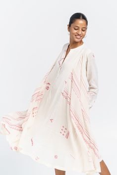 A-line fluid midi dress White Anarkali Kurta With V-neck, White Handloom Summer Dress, White Folk Dress With Woven Motifs, White Long-sleeve Kaftan With Woven Motifs, White Long Sleeve Kaftan With Woven Motifs, Off White Cotton Anarkali Dress, White Cotton Voile Dress, White Anarkali Cotton Maxi Dress, White Anarkali Maxi Dress For Summer