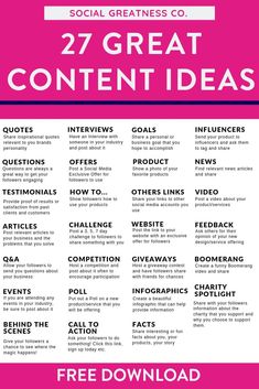 a pink poster with the words 27 great content ideas