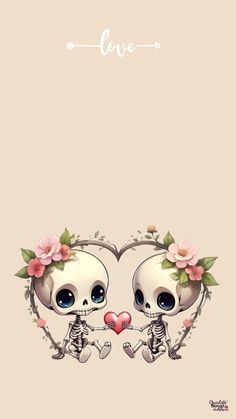 two skeletons holding hands with flowers and hearts in the shape of a heart on a beige background