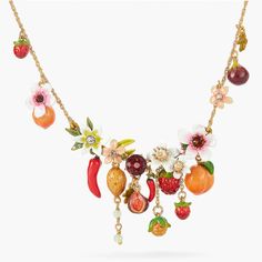 Lovers of brightly coloured succulent fruits, this statement necklace is the star piece of the Valentina's Orchard collection. The size of the fruits varies to bring depth to this women's costume jewellery piece which will complement your summer outfits with its bright colours.Composition:18k Gold plated and hand enamelled brass, cut crystalDimensions:Lenght:42cmExtension:5cmWidth:2.8cmDepth:8cmWeight:23.26g Fruits Jewelry, Fruits And Flowers, Fruit Necklace, Les Nereides, Fruit Jewelry, Necklace Layering, Maximalism, Funky Jewelry, Jewelry Lookbook