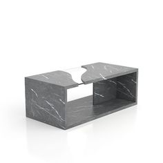 a black and white marble coffee table with an open shelf in the middle on a white background