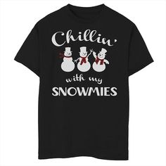 He'll love showing off his standout style with this boys' Chillin With My Snowmies Snowmen With Scarves Christmas Graphic Tee. Crewneck Short sleevesFABRIC & CARE Cotton Machine wash Imported He'll love showing off his standout style with this boys' Chillin With My Snowmies Snowmen With Scarves Christmas Graphic Tee. Licensed Character He'll love showing off his standout style with this boys' Chillin With My Snowmies Snowmen With Scarves Christmas Graphic Tee. Size: Small. Color: Black. Gend Funny Black Winter Tops, Funny Winter Tops In Black, Funny Black Top For Winter, Black Winter Holiday T-shirt, Funny Black Christmas T-shirt, Funny Winter Holiday T-shirt, Winter Holiday Funny T-shirt, Chillin With My Snowmies, Christmas Graphic