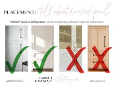 four different types of kitchen cabinets with red and green x marks on them, including the cabinet hardware