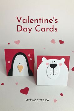 two valentine's day cards with penguins and polar bears on the front, one penguin has a heart in its mouth