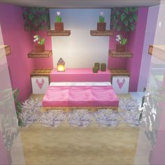 a pink bed in a room with plants on the wall and other decorations around it