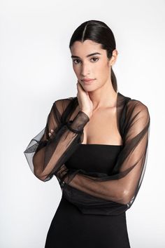 Light and airy, soft against the skin, our Olympia Bolero's sheer European mesh fabric will dance around your arms and shoulders. Her Juliette sleeves gather to a fitted cuff, while the boning in the back holds the piece perfectly in place. Regal and romantic, she's bound to be your best-kept evening wear secret.GET THE LOOKJacket: This ListingDress: https://etsy.me/2FwrfkqMODEL INFO: Sam is 5'8" (173 cm) tall. Wearing size XS.LENGTH: Approximately 13" (32 cm), measured from the shoulder to the Tulle Bolero, Shrug Dress, Mesh Shrug, Mesh Bolero, Shrugs And Boleros, Rosé Brown, Strapless Midi Dress, Black Tulle, Night Out Outfit