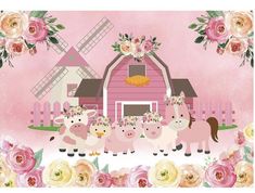 a group of animals that are standing in front of a pink barn with flowers on it