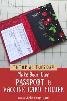 a passport and visa card holder sitting on top of a cutting mat with the words, make your own passport & vaccie card holder