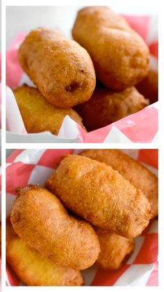 three different pictures of doughnuts in a basket with pink and white checkered paper