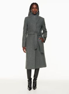 THE CONNOR LONG COAT | Aritzia Aritzia Coat, Winter Fashion Trends, Wool Wrap Coat, Textured Coat, Statement Coat, Wind Protection, All Black Looks, Free Jeans, Maxi Coat