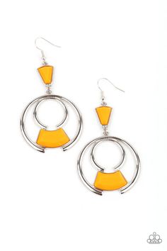 Bold silver circles create an eye-catching frame for a vibrant Marigold faceted bead. The trendy pendant sways from a Marigold triangular bead anchor for an embellished finish. Earring attaches to a standard fishhook fitting. Sold as one pair of earrings. Cheap Orange Jewelry For Party, Cheap Orange Jewelry For Festivals, Cheap Orange Costume Jewelry, Cheap Orange Earrings With Dangling Beads, Cheap Orange Beaded Earrings For Festival, Bridal Jewellry, Mobile Boutique, Orange Boxes, Orange Earrings