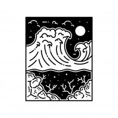 a black and white drawing of an ocean wave