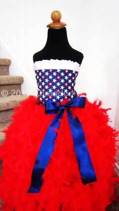 Feather Dress - Red White and Blue Patriotic Feather Dress-  Feather Tutu Dress - Patriotic Dress Feather Tutu, Rhinestone Fabric, America The Beautiful, Feather Dress, Tutu Dress