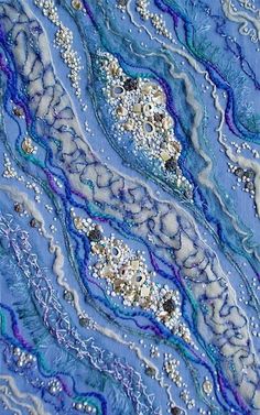 an abstract painting with blue and purple colors on it's surface, including small bubbles in the water