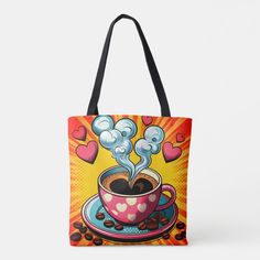 a cup of coffee with steam coming out of it tote bag on a white background