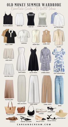 Upgrade your summer look with our Old Money Summer Capsule Wardrobe! We've put together 15 elegant outfit ideas that will awaken your old money style with a mix of 25+ chic summer essentials. Feel confident owning your aesthetic this summer with the relaxed yet refined old money summer style. These outfit ideas are truly an inspiration for crafting your timeless capsule wardrobe. Plus: old money look, old money summer outfits. French Summer Outfits Classy, Midi Skirt Classy Outfit, How Many Style In Fashion, Summer Style Old Money, Elegant Outfit Essentials, Summer In The Hamptons Aesthetic Outfits, Spring Summer Outfits Casual, Summer Outfits Old Money Aesthetic, Old Money Style Woman Outfit