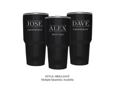 three personalized stainless steel tumblers with names on them