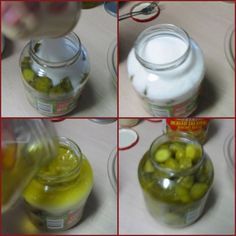 four pictures of jars filled with pickles on top of a table