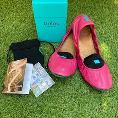 Excellent Condition Fuchsia Pink Leather Tiek Ballet Flats. Only Wore A Few Times- Comes With Original Box (Slight Wear- See Pics), Product Card, Compact Foldable Carry Bag, Shoe Bag And Gorgeous Leather Flats. Size 9. I’m Typically A Size 8- These Run A Little Small But Will Shape To Your Foot Contour And Will Be A Buttery Soft Fit. Minimal Wear- Shown In Photos. A Great Deal On A Gorgeous Pair Of Shoes! Product Card, Tieks Shoes, Gorgeous Leather, Leather Ballet Flats, Fuchsia Pink, Carry Bag, Ballet Flat, Leather Flats, Pink Leather