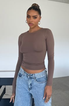 The Only For Tonight Long Sleeve Top Mocha. Head online and shop this season's latest styles at White Fox. Express delivery and AfterPay available. Long Sleeve Top Outfit, Long Sleeve Shirt Outfits, Long Sleeve Outfits, High Quality Clothing, White Fox Boutique, Brown Top, Basic Long Sleeve, Mode Inspo, White Fox